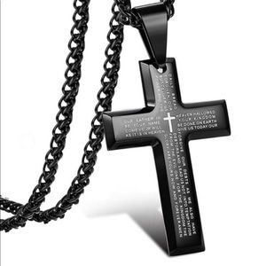 MENS Religious Black Stainless Steel Cross Necklace with The Lord’s Prayer.